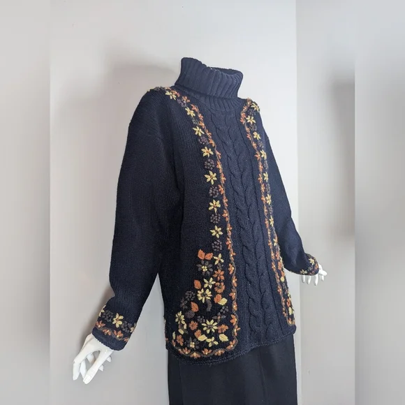 Women's cable knit wool turtle neck embroidered flowers Point Zero 90s M - Picture 3 of 12